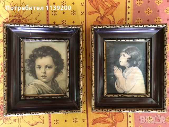 2бр френски винтидж картини молещо се момиче и момче щампа върху плат, снимка 16 - Картини - 32721197