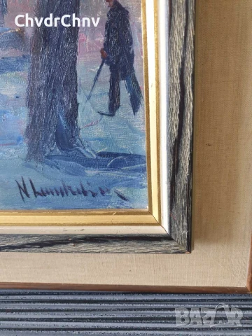 61х53см/абстрактна картина масло върху платно/градски пейзаж-зима-фонтан/дървена рамка, снимка 8 - Картини - 51019825