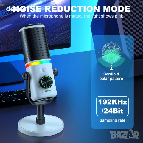 Микрофон Aokeo USB/XLR динамичен настолен микрофон с RGB светлина, бял, снимка 4 - Микрофони - 53427741