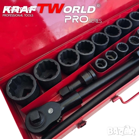 Гедоре 21 части с 12-стенни ударни вложки KraftWorld 3/4″ – професионален комплект за камиони, снимка 3 - Гедорета - 51465457