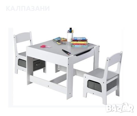 Детска Дървена Маса с 2 Столчета, Комплект, Двустранна с Черна Дъска, 2 ...