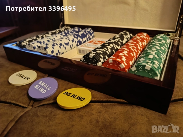 Луксозна кутия с покер чипове, бутони и карти., снимка 2 - Карти за игра - 52540946