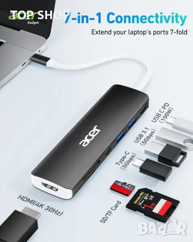 Acer USB C Hub, 7 в 1 USB C към 4K HDMI, 2 USB 3.1, Type-C, PD 100W, четец на SD карти, снимка 2 - Кабели и адаптери - 49444062