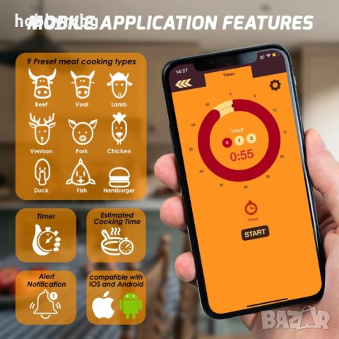 Термометър за месо с Bluetooth връзка към мобилен телефон, снимка 4 - Скари - 41892410