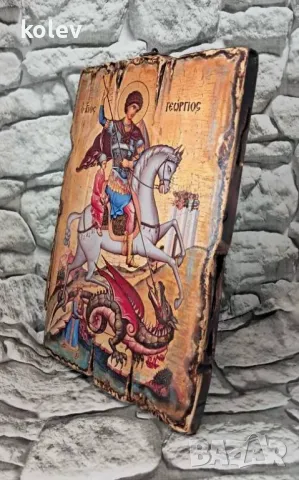 Репродукция икона на СВЕТИ ГЕОРГИ ПОБЕДОНОСЕЦ, уникат 25/18 см, снимка 2 - Икони - 33018684