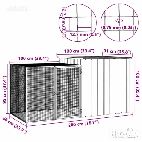 vidaXL Клетка за пилета сива 200x91x100 см поцинкована стомана, снимка 5 - За птици - 56146334