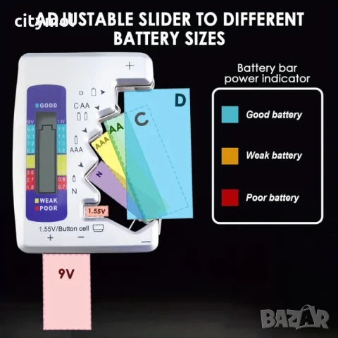 Тестер за батерии, подходящ за всички батерии тип C AA AAA DN 9V 6F22 1.5V,, снимка 6 - Друга електроника - 50951245