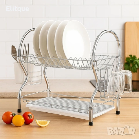 Двуетажен метален сушилник за съдове с отделение за прибори, снимка 2 - Други стоки за дома - 53126482