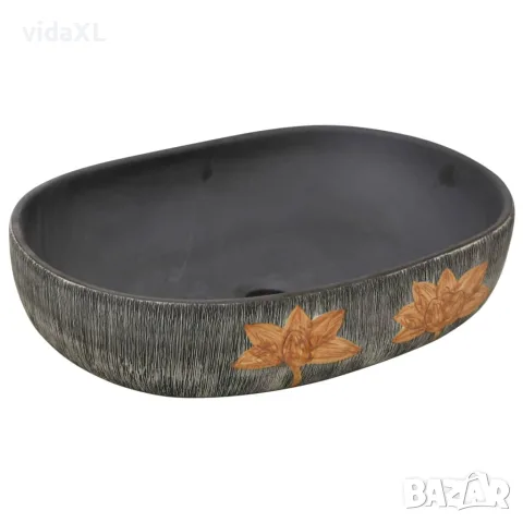vidaXL Мивка за плот, сиво и черно, овална, 59x40x14 см, керамика