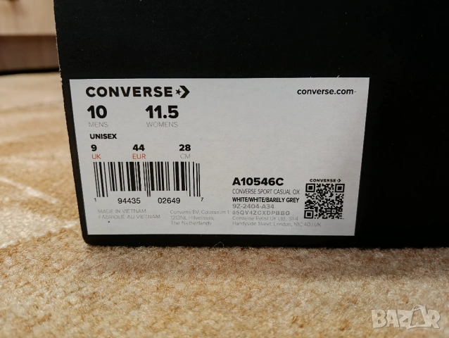 Чисто нови оригинални бели мъжки маратонки Converse 44 ти номер, 28 см, Текстил, Кожа, снимка 11 - Маратонки - 53401480