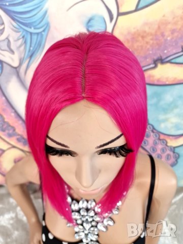 Удивително Дизайнерско Каре Перука в Бонбонено Розов Barbie Цвят КОД 8971, снимка 4 - Аксесоари за коса - 41406038