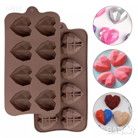 8 средни диамантени сърца сърце диамантено силиконов молд форма бонбони шоколад украса декор торта, снимка 1 - Форми - 36237994