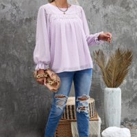 Дамска елегантна блуза в светлолилаво с принт на точки, снимка 5 - Блузи с дълъг ръкав и пуловери - 40354300