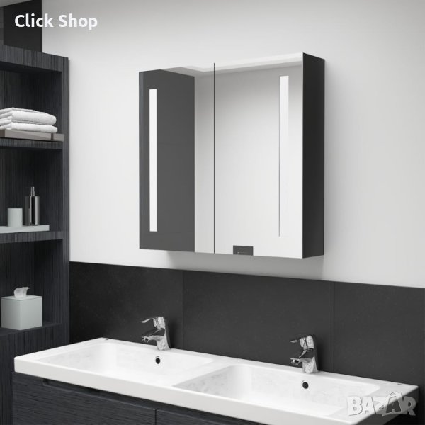 LED шкаф с огледало за баня, искрящо черен, 62x14x60 см, снимка 1