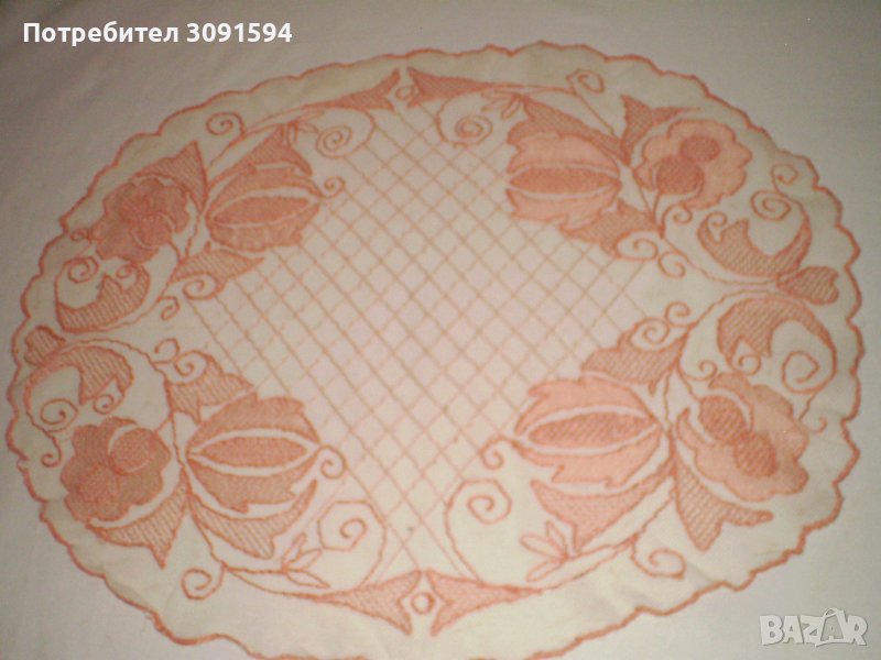 Стара винтидж 30 г на миналия век ръчно бродирана розова покривка на тюл овална, снимка 1