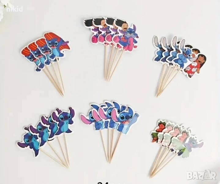 24 бр Лило Нала Стич Stitch парти топери клечки за мъфини декорация и украса, снимка 1