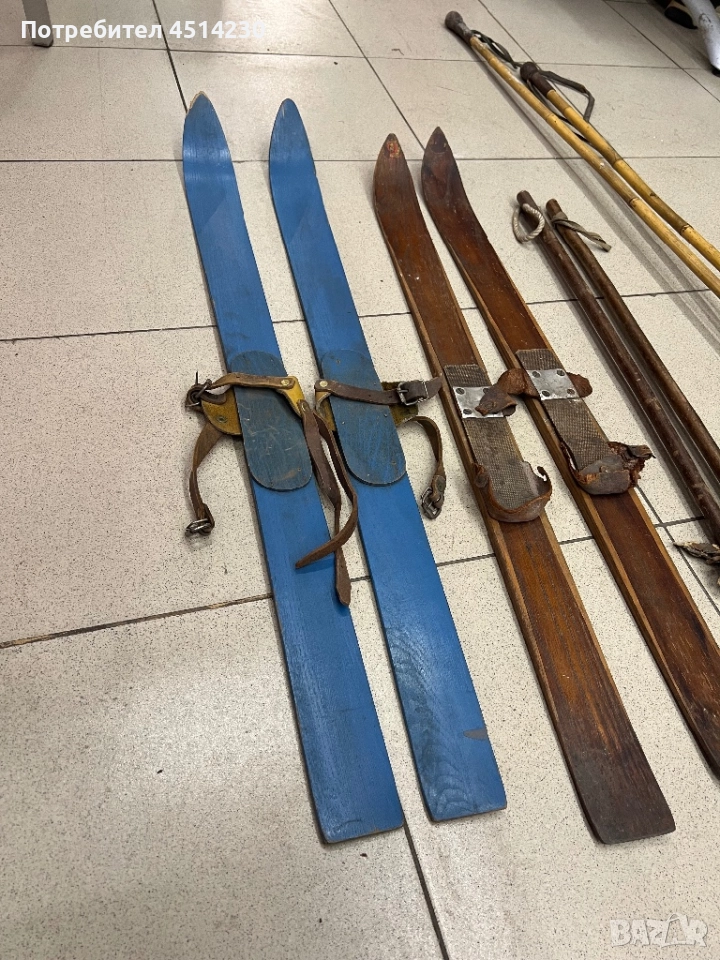 Винтидж детски дървени ски – сини, 90 см, снимка 1