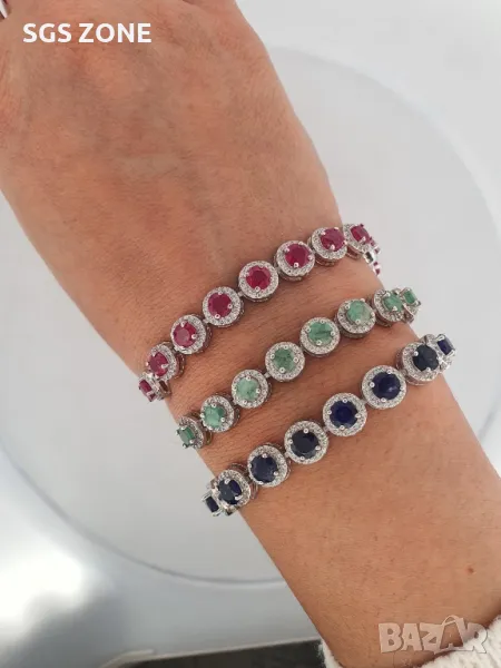 Сребърна Гривна с Рубини, Сапфири, Изумруди, снимка 1