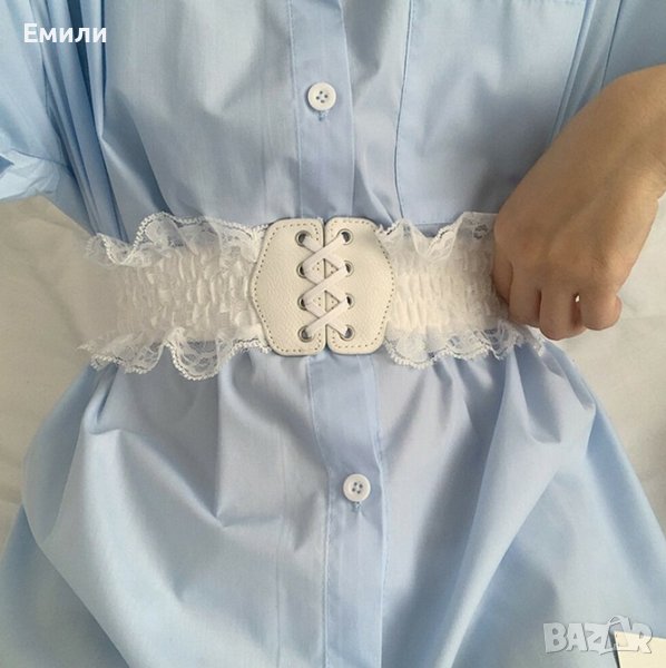 Бял колан/корсет за талия с дантела, еко кожа и връзки, снимка 1