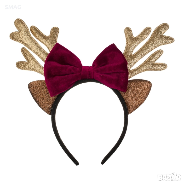 Коледни еленски рога златисто-червени с панделка и ушички_1242809, снимка 1