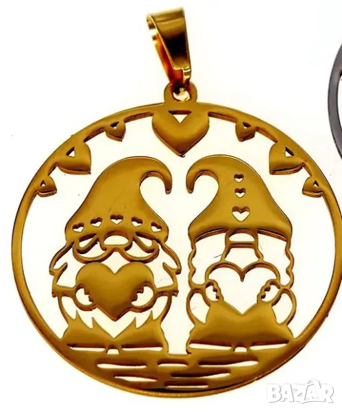 Позлатен Медальон с две джуджета и сърца / Скандинавско джудже гном елф, снимка 1