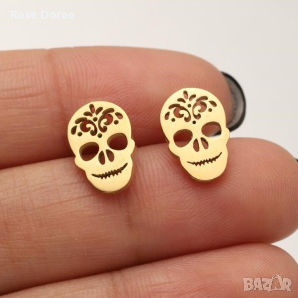 RD 420 Обеци Череп в златисто медицинска стомана безплатна доставка подарък, снимка 1