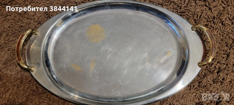 Поднос с позлатени дръжки с кехлибар, снимка 1