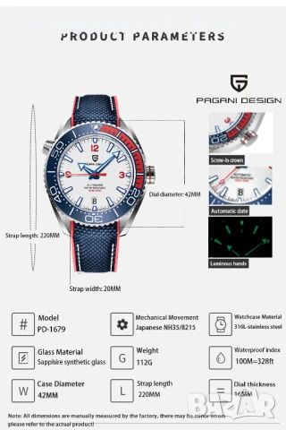 PAGANI DESIGN автоматичен часовник SEIKO NH35, сапфир, неръждаема стомана, водоустойчив, дата, безел, снимка 6 - Мъжки - 51143164