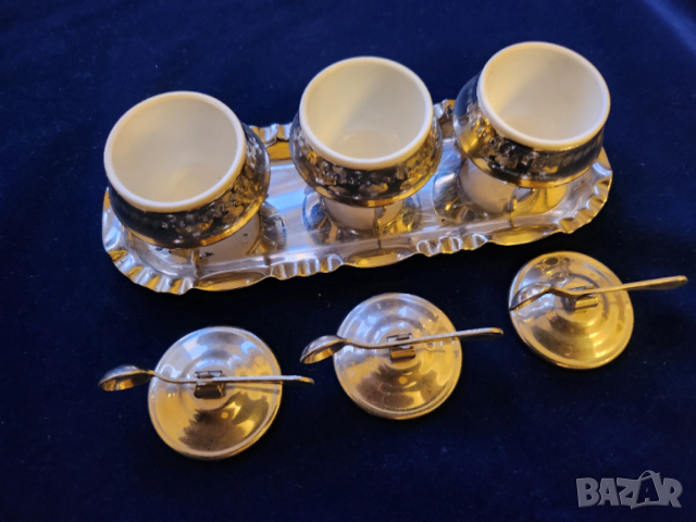 съдче за хайвер, горчица,подправки 3 броя, обков мелхиор+поднос+3 лъжички / и друг от порцелан+неръж, снимка 10 - Други ценни предмети - 51154710