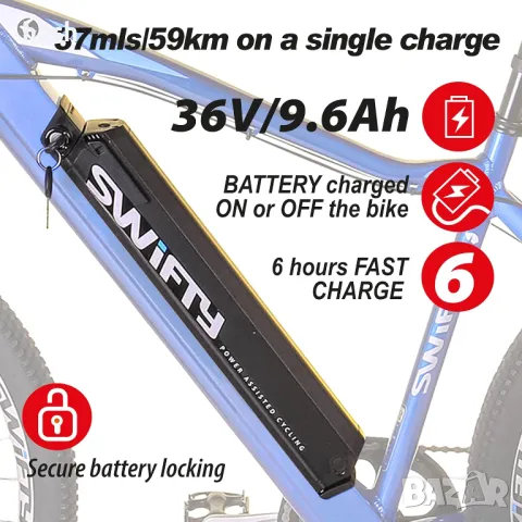 Планински велосипед електрически Swifty с полувградена батерия в рамката, 27.5", 36 волта, 7 скорост, снимка 2 - Велосипеди - 48972826