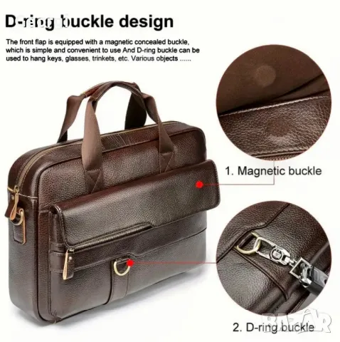 Мъжка  стилна и практична бизнес чанта (куфарче за лаптоп 15”) Черна естествена кожа!, снимка 9 - Чанти - 49348270