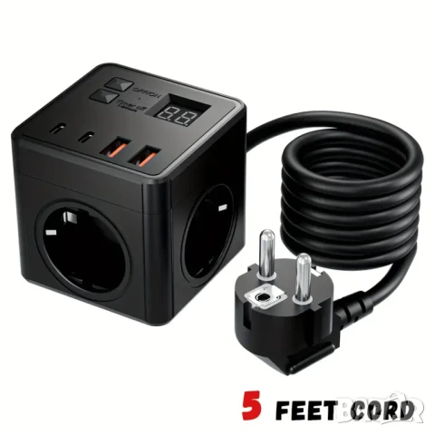 Разклонител PowerCube с USB и бутон – 3 контакта + 2 USB порта, защита от пренапрежение, 2 м кабел, снимка 2 - Друга електроника - 50925194