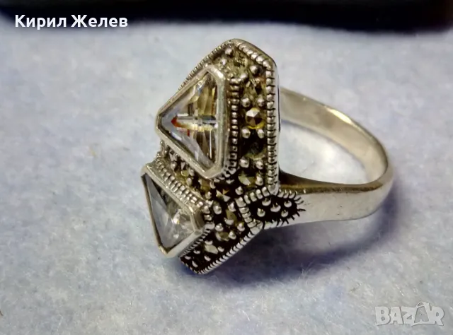 ШАРМАНТЕН СКЪПОЦЕНЕН СРЕБЪРЕН ПРЪСТЕН СРЕБРО 925 с БЯЛА ПОЗЛАТА ЛАБОРАТОРЕН МОЙСАНИТ МАРКАЗИТИ 48743, снимка 3 - Пръстени - 49346500