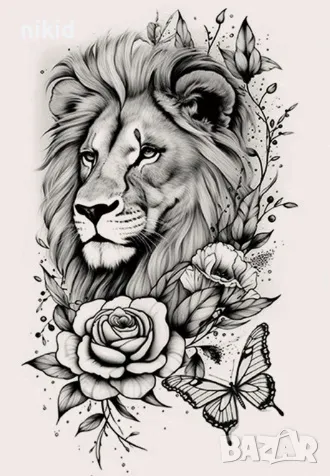 Лъв с рози и пеперуда черно бял временна татуировка татос татус Tattoo, снимка 2 - Други - 47273424
