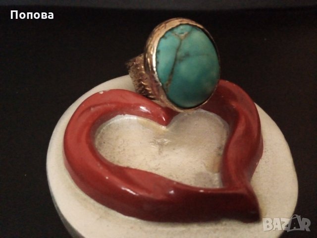Винтидж дизайнерски сребърен пръстен с естествен тюркоаз и позлата, снимка 5 - Пръстени - 33975639