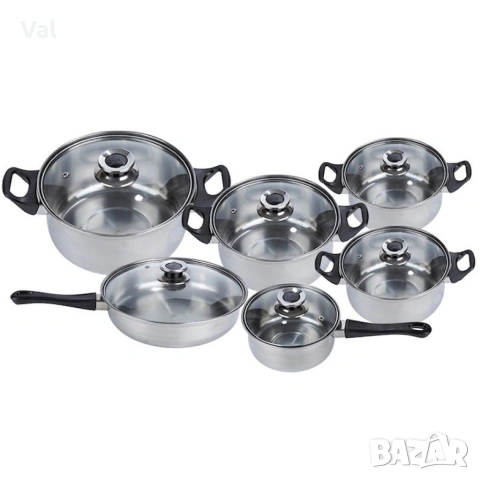 Комплект готварски съдове от инокс 12 части: 5 тенджери, тиган и стъклени капаци (16-24 см), снимка 8 - Съдове за готвене - 53626288