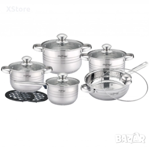 Комплект съдове за готвене, Cheffinger, 12 части, неръждаема стомана