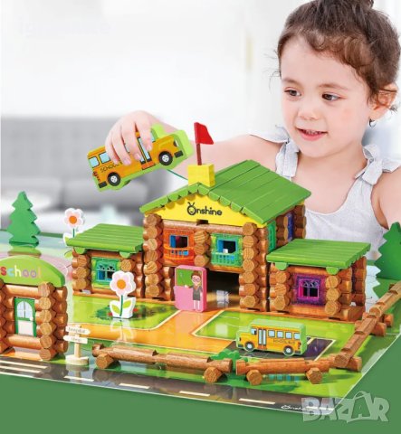 Дървено училище - къща в гората. Конструктор с 270 части Lincoln blocks