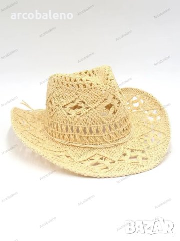Ръчно плетена каубойска сламена шапка с повдигната периферия, 5цвята , снимка 9 - Шапки - 44447938