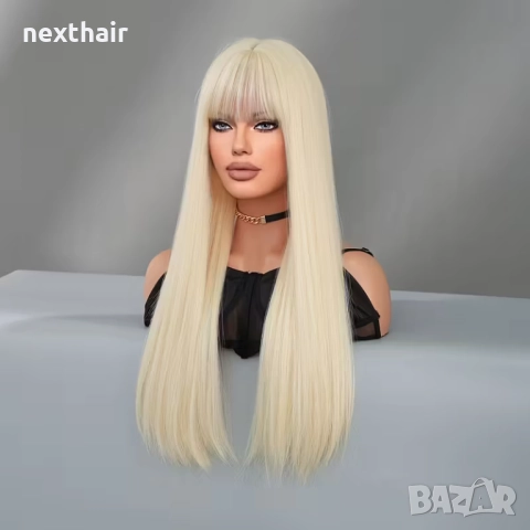 Светло руса права синтетична перука с бретон – 65–70 см, снимка 2 - Аксесоари за коса - 52751551