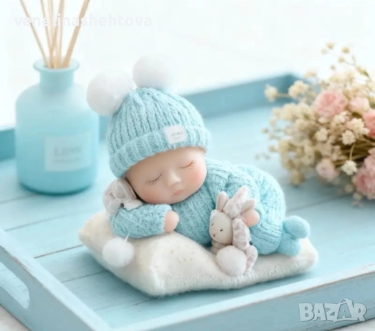 3D Бебе с шапка върху възглавничка и зайче силиконов молд свещи гипс сапун смола фондан шоколад , снимка 2 - Форми - 52451660