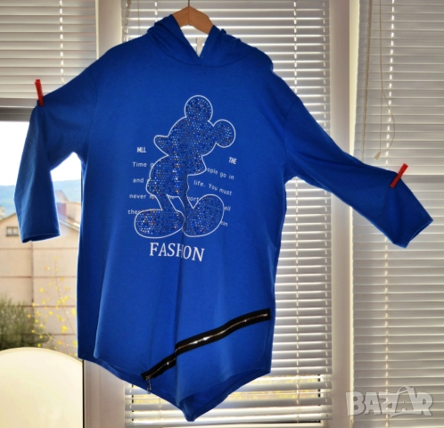 👕 Дамска асиметрична тъмносиня спортна туника с качулка, камъни и цип; 2XL÷4XL, снимка 2 - Блузи с дълъг ръкав и пуловери - 43085724