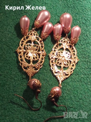 РОЗОВИ ПЕРЛИ ВИНТИДЖ АРТ ДЕКО ФИЛИГРАННИ БРОНЗ ПОЗЛАТЕНИ ОБЕЦИ 18797, снимка 3 - Обеци - 29564222