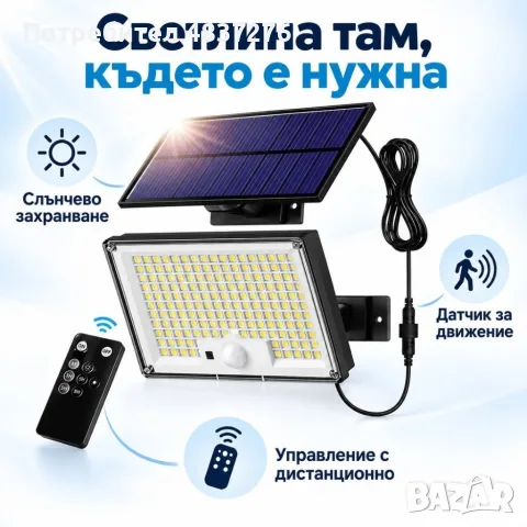 Соларна LED лампа с сензор и дистанционно, снимка 3 - Соларни лампи - 56138629