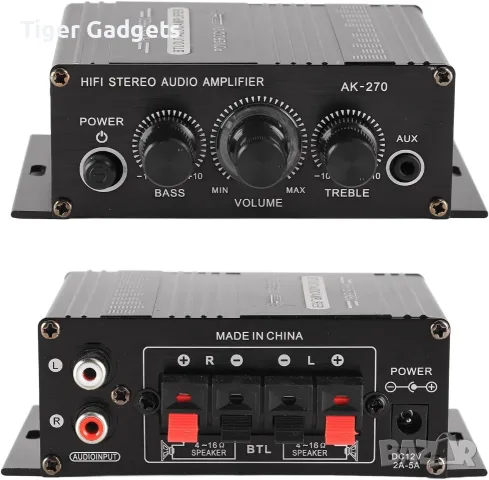 AK270 Mini Stereo Amplifier – 2-канален аудио усилвател с 3.5mm AUX, Bass и Treble, снимка 6 - Ресийвъри, усилватели, смесителни пултове - 56113164