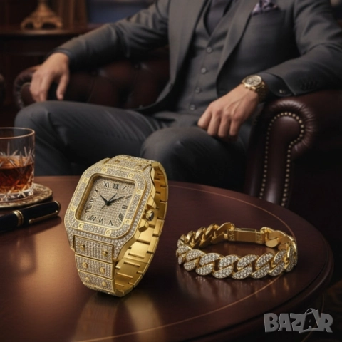 Луксозен комплект часовник и гривна – блясък и стил в едно, снимка 2 - Бижутерийни комплекти - 51947525