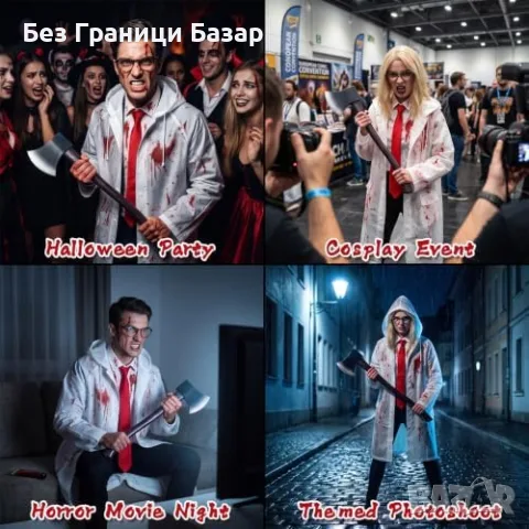 Нов Страшен мъжки Хелоуин костюм 6 части брадва изкуствена кръв косплей маскарад карнавал, снимка 7 - Други - 56130550