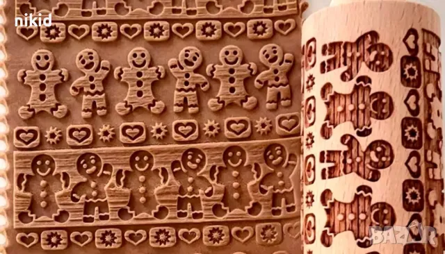 Джинджифилово човече човечетта ролер валяк Коледна дървена Точилка тесто бисквитки фондан релеф печа, снимка 4 - Аксесоари за кухня - 47817431