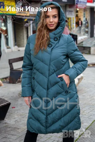 Дълго дамско яке с копчета и качулка 9449