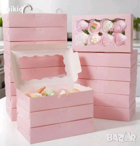 Голяма правоъгълна кутия прозрачен капак бяла розова картонена за лакомства десерти бонбони шоколад, снимка 4 - Кутии за храна - 53435960